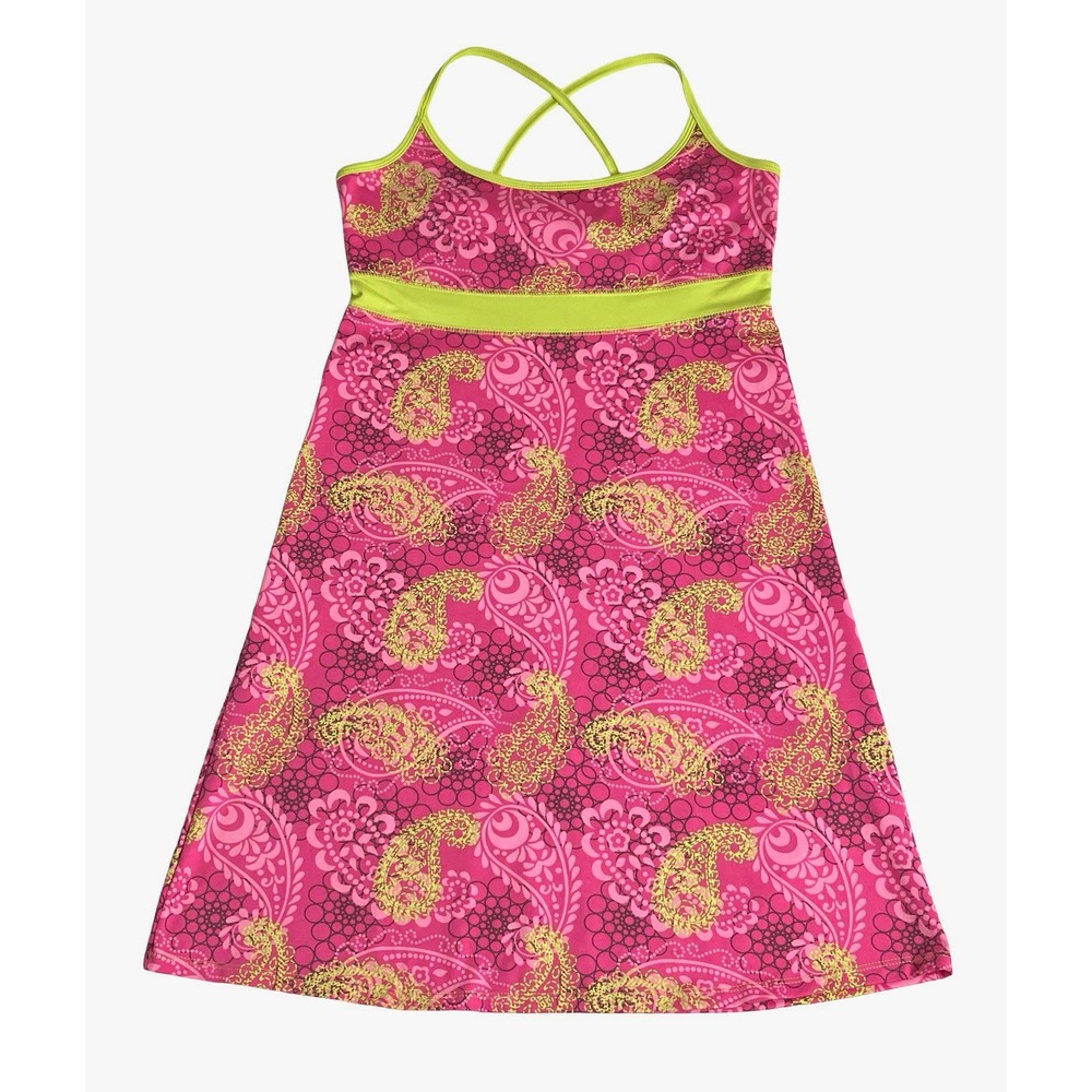 Lola Active Dress Women Small Pink Green Paisley Cross Back Built In Bra Sporty